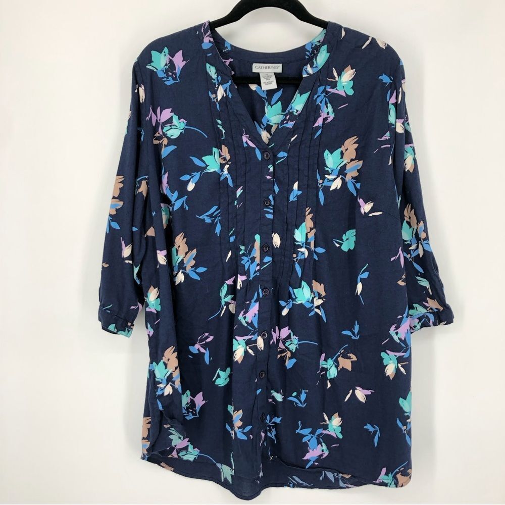 Catherines Shirt Womens 1X Floral Split Neck Pintuck Henley‎ Popover 3/4 Sleeve